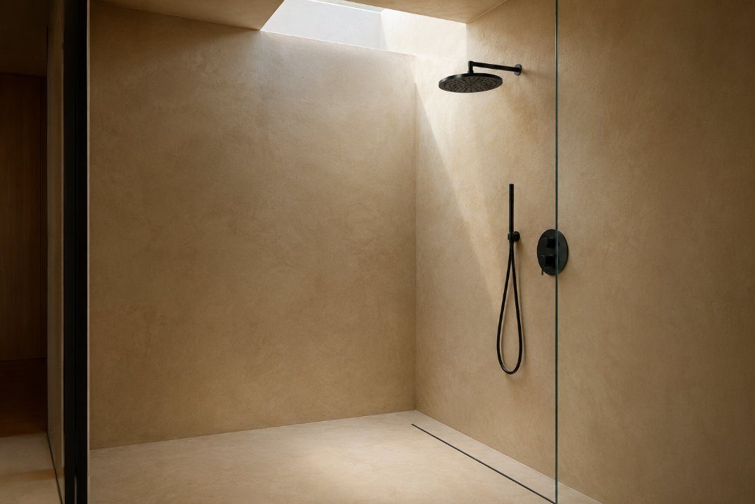 Ducha de microcemento beige sin mampara con acabado continuo en un baño de Tarragona
