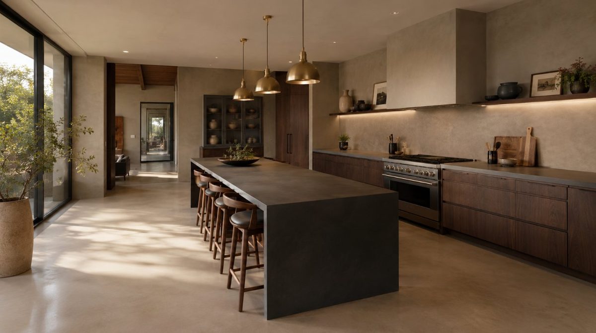 Cocina completa con microcemento en encimera, frente y paredes en Tarragona