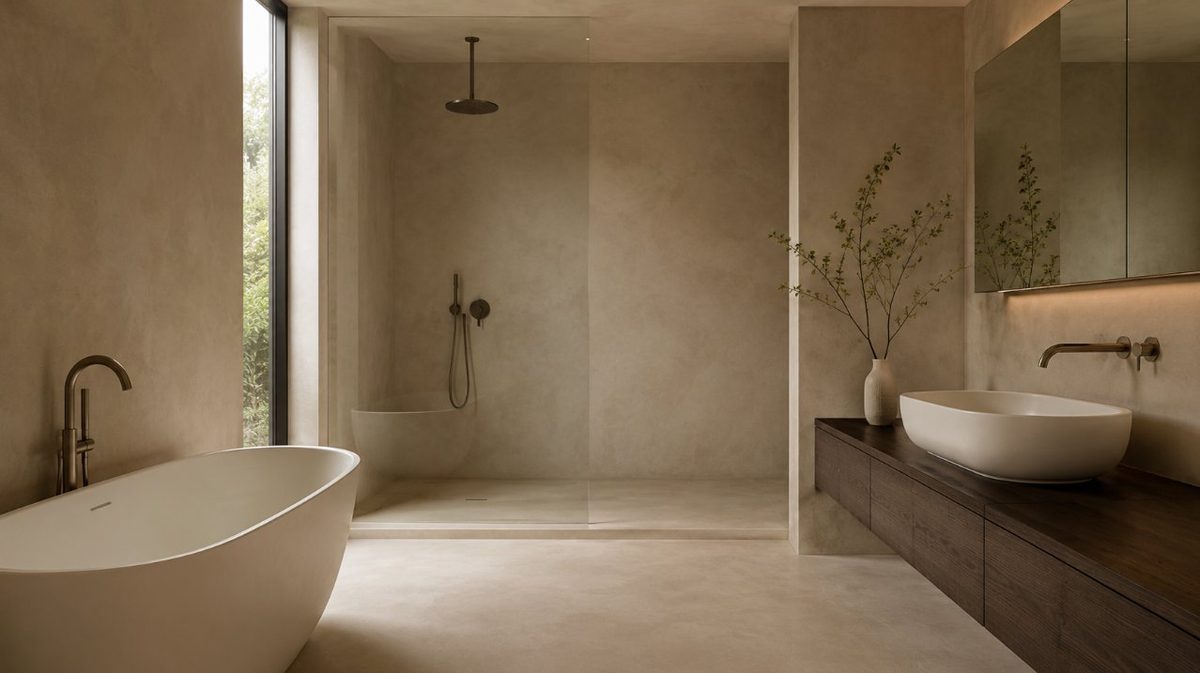 Baño completo con microcemento beige aplicado por Tarramicrocemento en Tarragona