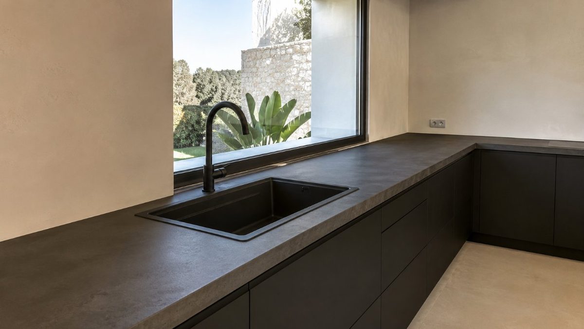 Cocina moderna con encimera de microcemento oscuro aplicada por Tarramicrocemento en Tarragona