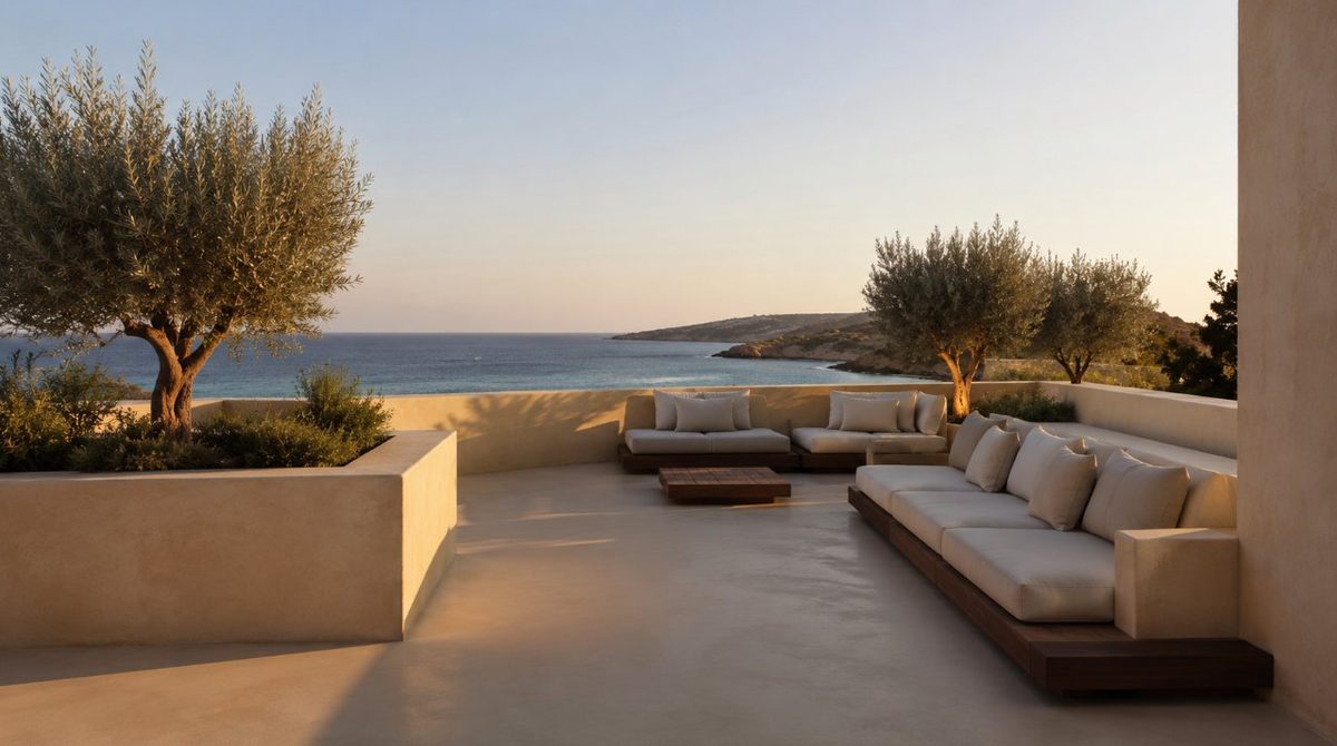 Terraza exterior con suelo de microcemento beige en Tarragona