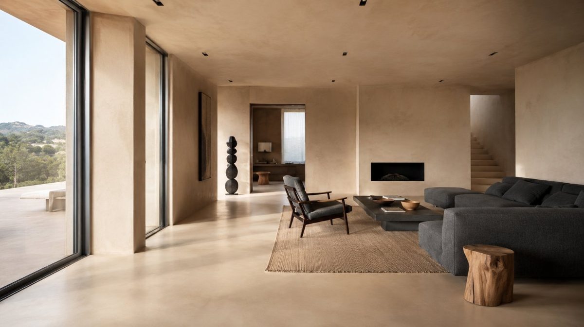 Salón con microcemento beige en suelo y paredes en una vivienda en Tarragona