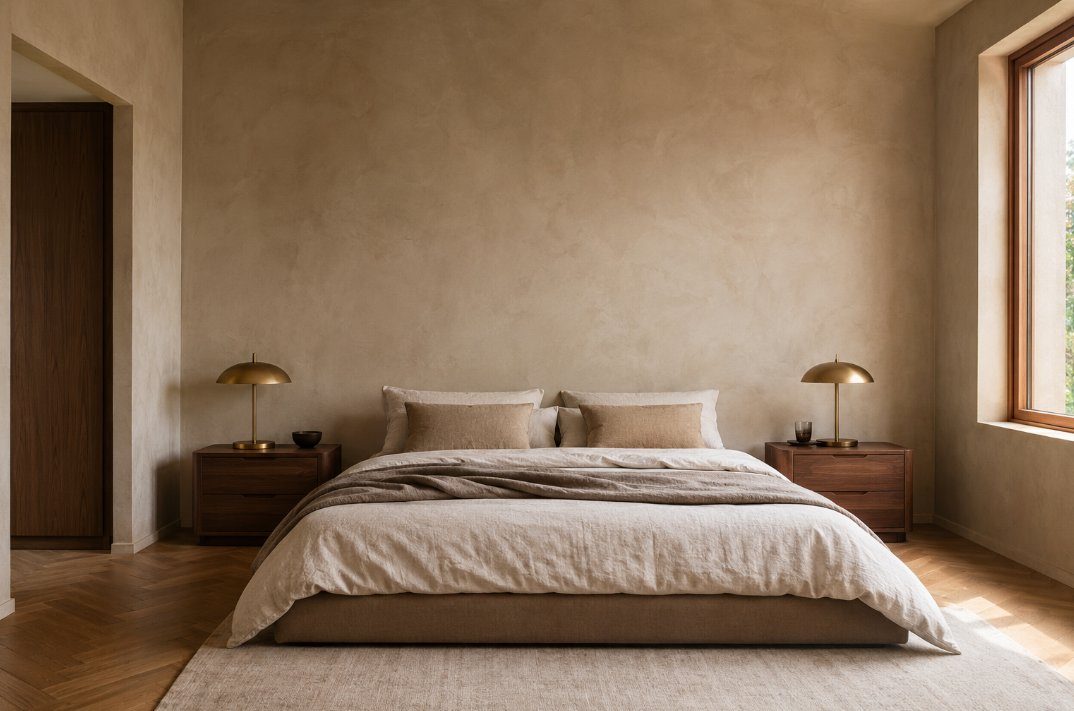 Salón con pared de microcemento beige en una vivienda de Tarragona