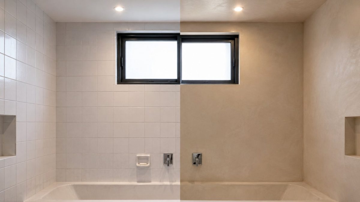 Pared de baño en Tarragona mitad con azulejos y mitad cubierta con microcemento