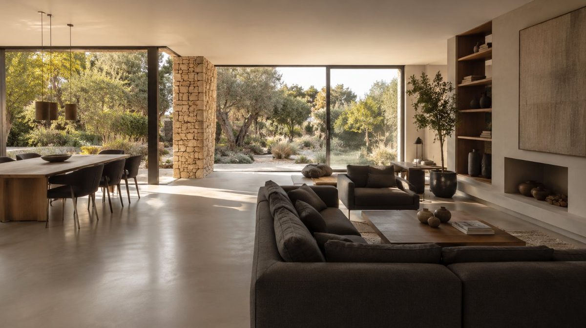 Suelo continuo de microcemento gris en salón de vivienda en Tarragona