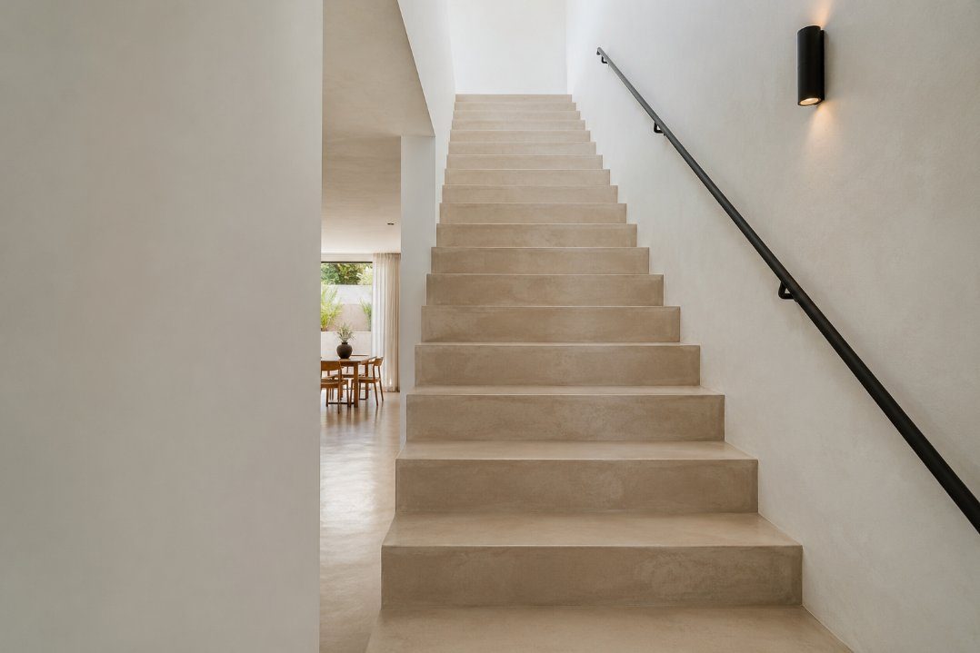 Escalera interior continua de microcemento beige en una vivienda de Tarragona